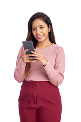 Fototapeta premium Cheerful Indian young woman using smart phone.