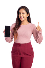 Happy young woman showing smart phone isolated on white.