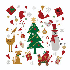 Christmas cartoon icons set isolated on white background