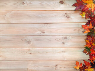 Variegated fallen leaves on wooden background. Thematic content. Flat lay. Copyspace for text. Lots...