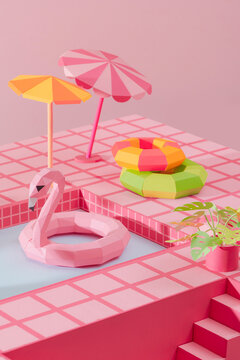 Umbrella and chair around swimming pool and flamingo swimming