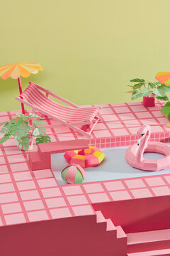 Swimming pool with chaise lounges, umbrella, inflatable flamingo
