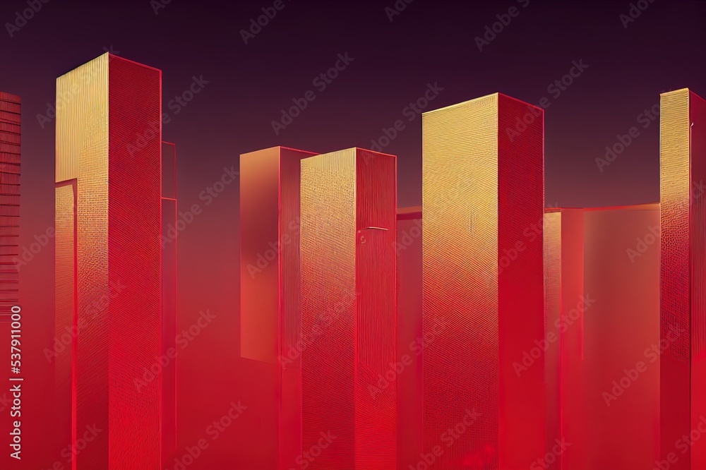 Poster 3d rendering of a very modern upscale red building, abstract 3d constructions on red and haze futuri