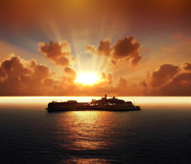 Naklejka premium sunset at sea sun beam reflection on water wave cloudy sky and boat on horisont 
