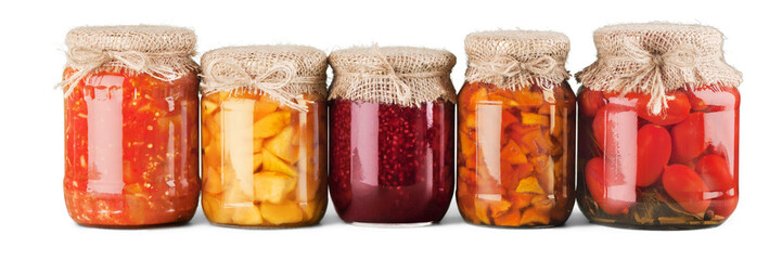 Row of Home Canned Summer Vegetables, Glass Jars on White