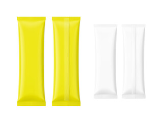 Set of realistic packaging flow pack mockup. Front and rear side. Vector illustration isolated on white background. It can be used for sugar, coffee, ketchup, powder, cosmetics and etc. EPS10.	