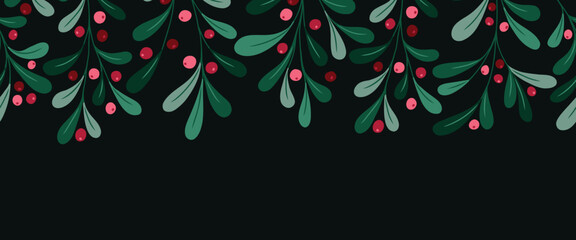 Christmas Mistletoe Foliage and Lingonberries Vector Seamless Horizontal Pattern Border. Berries and Twigs. Winter Holidays Festive Washi Tape Print. Festive Botanical Design