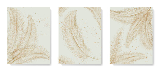 Art background with golden feathers in art line style. Set of hand drawn vector posters for decoration, print wallpaper, packaging, interior design. © VectorART