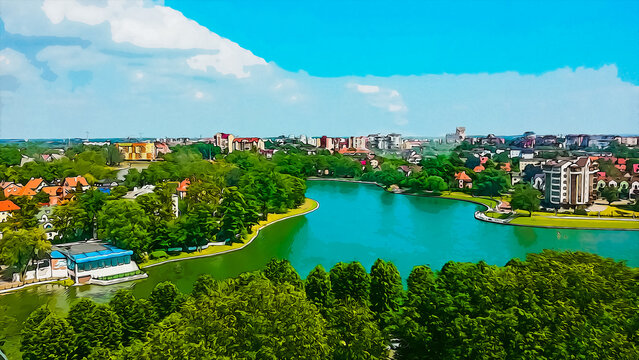 View of the city of Kaliningrad from above. Imitation of oil paint. Picture from a photo