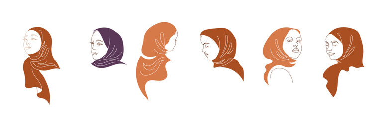 Women in hijab collection, vector logo and branding design templates in minimal style, for beauty center, fashion studio, haircut salon and cosmetics - female portrait, beautiful woman's face