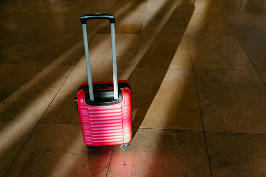 Pink small suitcase in sunlight