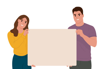 Man and a girl hold a blank sheet of paper in their hands. Office workers present advertisement on blank banner background mockup with space for presentation. Vector