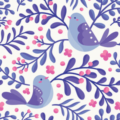 Cute seamless pattern with birds and floral elements. Vector illustration with cartoon drawings for print, fabric, textile.