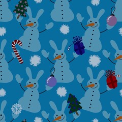Winter ice snowman seamless Christmas pattern for Noel and wrapping paper and kids clothes print and snowflakes