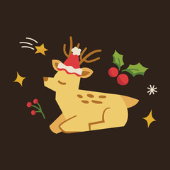 Vector decorative Christmas design elements. Cute illustration with deer, leaves, xmas elements for greeting cards, social media post, print design.