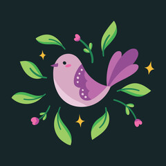 Vector cartoon birds elements design. Cute illustration with hand drawn animal and floral elements. Modern template for social media, print, product, greeting cards.