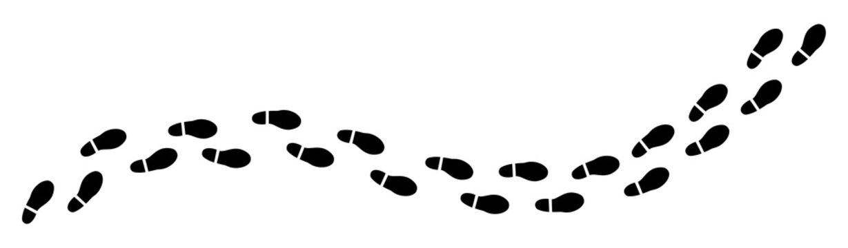 Isolated trail of black footsteps (comics silhuoette shapes), going from the left to the right (horizontal orientation).

