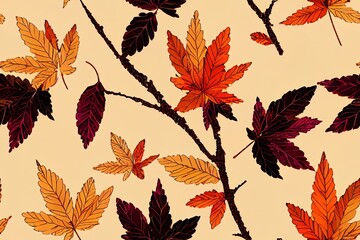 Obraz premium Seamless pattern with autumn leaves in orange, beige, brown and yellow colors. Suitable for wallpaper, gift paper, pattern fill, web page background, autumn greeting cards.