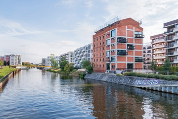 Berlin-Spandau shipping canal and the the new Quarter at Nordhafen harbor in Berlin, Germany
