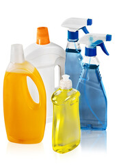 Set of house cleaning products bottles isolated on white background