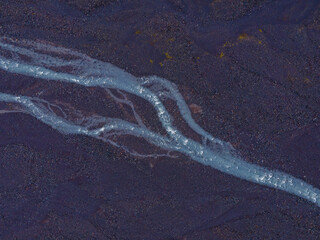 Aerial shot, Nice landscape of mountains and rivers with mossy field in iceland