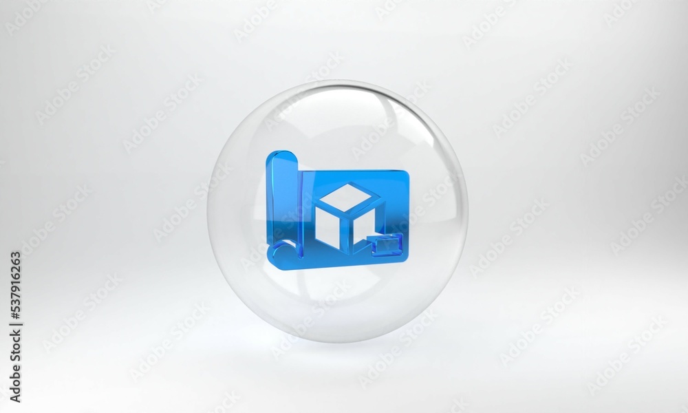 Poster blue graphing paper for engineering icon isolated on grey background. glass circle button. 3d render