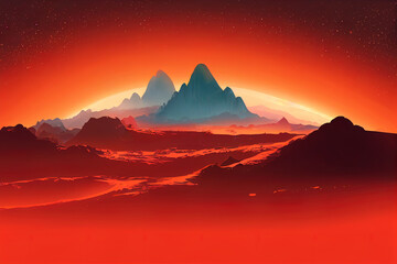 Mars surface, alien planet landscape. Space game background with orange ground, mountains, stars, Saturn and Earth in sky. 2d cartoon fantastic illustration of cosmos and red martian surface