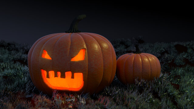 Two pumpkins for autumn Halloween celebration at night