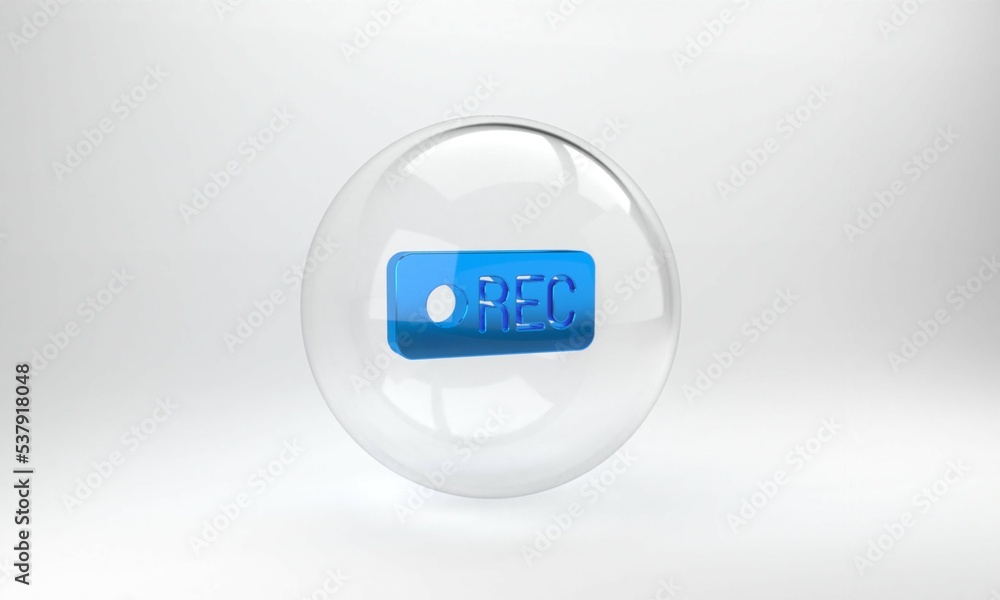 Poster blue record button icon isolated on grey background. rec button. glass circle button. 3d render illu