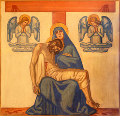 ZURICH, SWITZERLAND - JULY 1, 2022: The fresco of Deposition - Pieta as the part of Cross way  of...