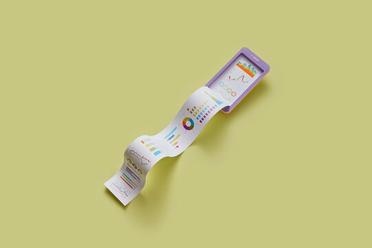 Mobile phone mockup with paper financial diagram.