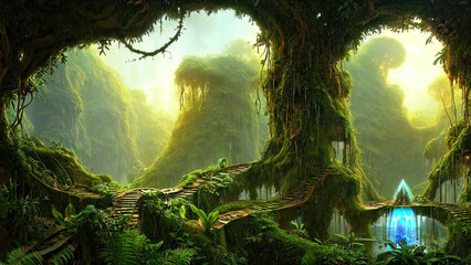 Wild jungle forest. Fantasy forest landscape. 3D illustration