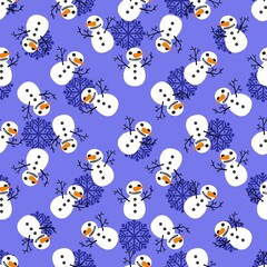Winter Christmas seamless snowman with carrot and scarf pattern for wrapping paper and Noel and kids and fabrics