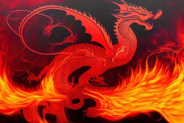 Abstract Illustration of Infuriated Dragon with Fire Flames in Red Color on Black Background for Design