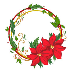 Naklejka premium Flora and round twig wreath of red Christmas flower, green leaves and wild red berry in Christmas season color, flat vector image.