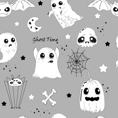 Funny characters ghosts, spiders, skeletons, bat, pumpkin. Halloween monochrome seamless pattern with hand drawn doodles for coloring pages, wrapping paper, wallpaper, backgrounds, textile prints
