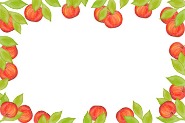 Frame made of watercolor green leaves and red apples.