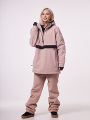Skier happy caucasian satisfied smiling woman 20s wear warm padded windbreaker jacket ski. © Евгений Вершинин