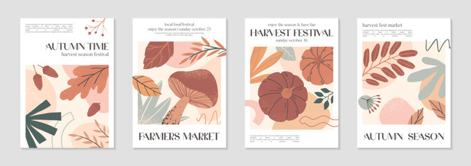 Fototapeta premium Autumn harvest festival posters with pumpkins,foliage and copy space for text.Farmers autumn market covers for invitations,social media marketing,greetings,brochure.Harvest fest vector illustrations