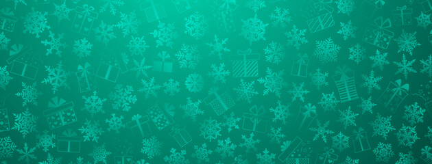 Background made of complex Christmas snowflakes and gift boxes with different patterns, in turquoise colors