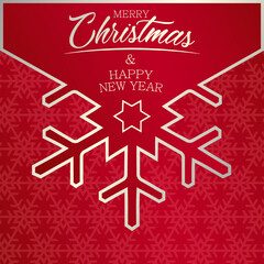 Holiday stylish illustration with silver text Merry Christmas and Happy New Year and big snowflake on the red background. Luxury design for your card, banner, poster, wallpaper or cover.