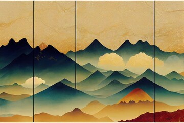 3d modern canvas art landscape mural wallpaper. golden and turquoise ginko biloba in marble background. mountains, clouds and deer