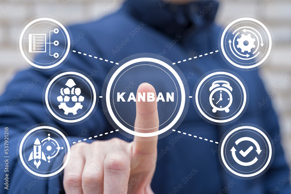Poster businessman using virtual touchscreen presses word: kanban. kanban work flow process management syst