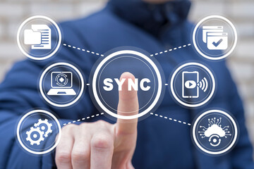 Concept of Sync Data Cloud. Electronic devices, browser and services synchronizing. Cross-device syncing, cross-device synchronization and operation. - obrazy, fototapety, plakaty