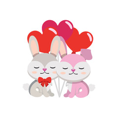 Isolated cute pair of rabbits with air balloons Valentine day Vector