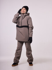 Skier happy caucasian satisfied smiling woman 20s wear warm padded windbreaker jacket ski. © Евгений Вершинин