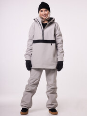 Skier happy caucasian satisfied smiling woman 20s wear warm padded windbreaker jacket ski. © Евгений Вершинин