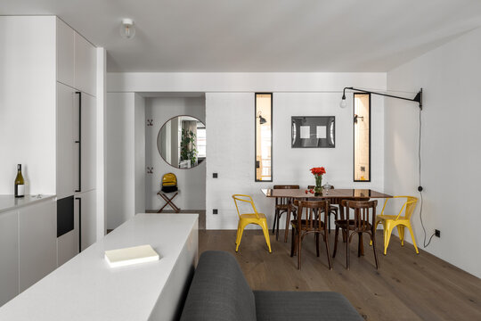 Big living room stylish interior with design craft wooden table