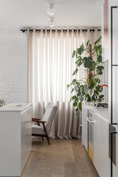 Modern concept of home interior with design grey armchair