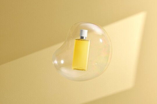 Cosmetic essence contained in a spray bottle inside bubbles flying